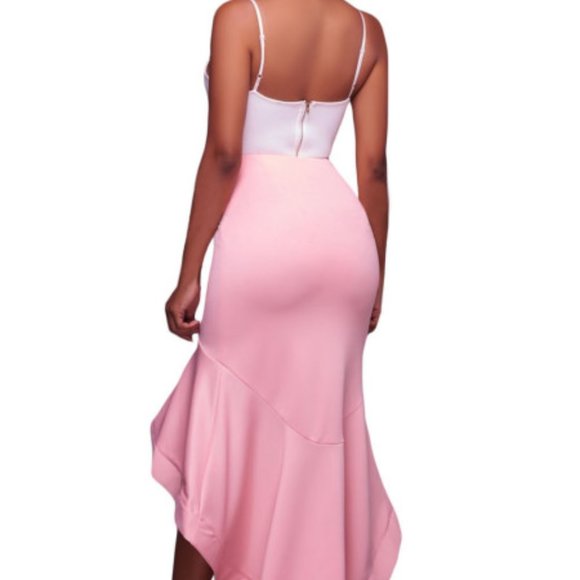 Women’s Scuba Mermaidcore Ruffle High-Low Hem Hidden Side Zipper Pink Midi Skirt - Picture 1 of 5
